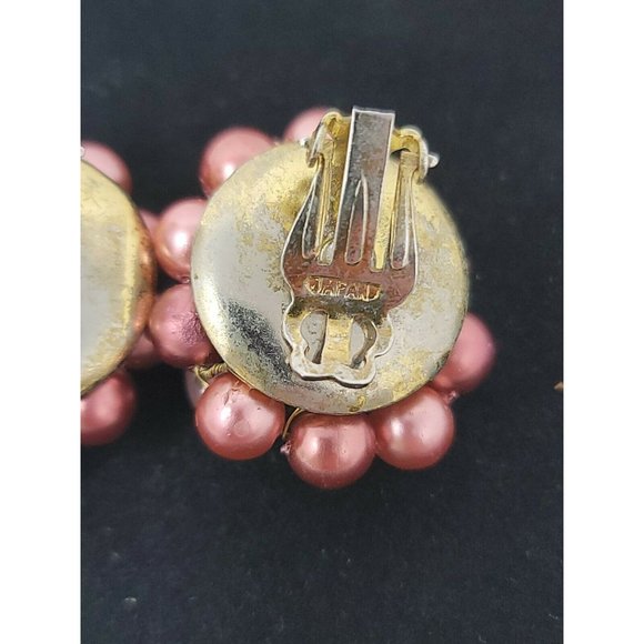 Vintage Clip On Japan Burgandy Brown Faux Pearl Bead Round Earring Set Gold Tone - Picture 9 of 12